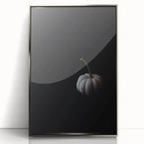 Mid-century modernist art depicting an abstract fall scene in warm orange and brown tones, framed in silver acrylic.