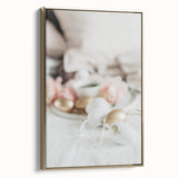 Framed canvas featuring a vintage-style landscape painting of spring, with soft pastel colors, ideal for bedroom wall art.