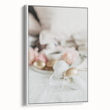 Vintage poster art of spring season with colorful floral design on a large framed canvas, ideal for living room decor.