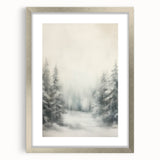 Textured abstract art print depicting a winter scene in muted blue and white tones, framed in silver.