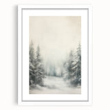 Abstract art print of a snowy landscape in muted white and gray tones on a framed canvas.