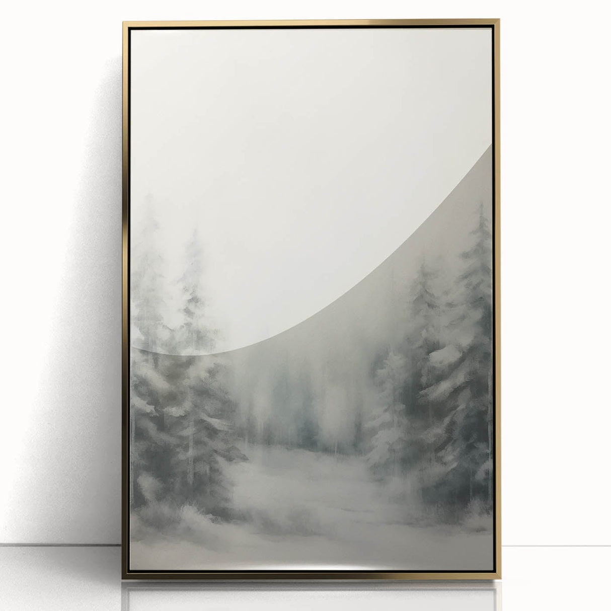 Winter scene in gold frame, mid-century modernist style on acrylic, ideal for nursery wall decor.