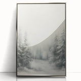 Mid-century modernist art depicting a winter scene in muted blue and white tones, framed acrylic.