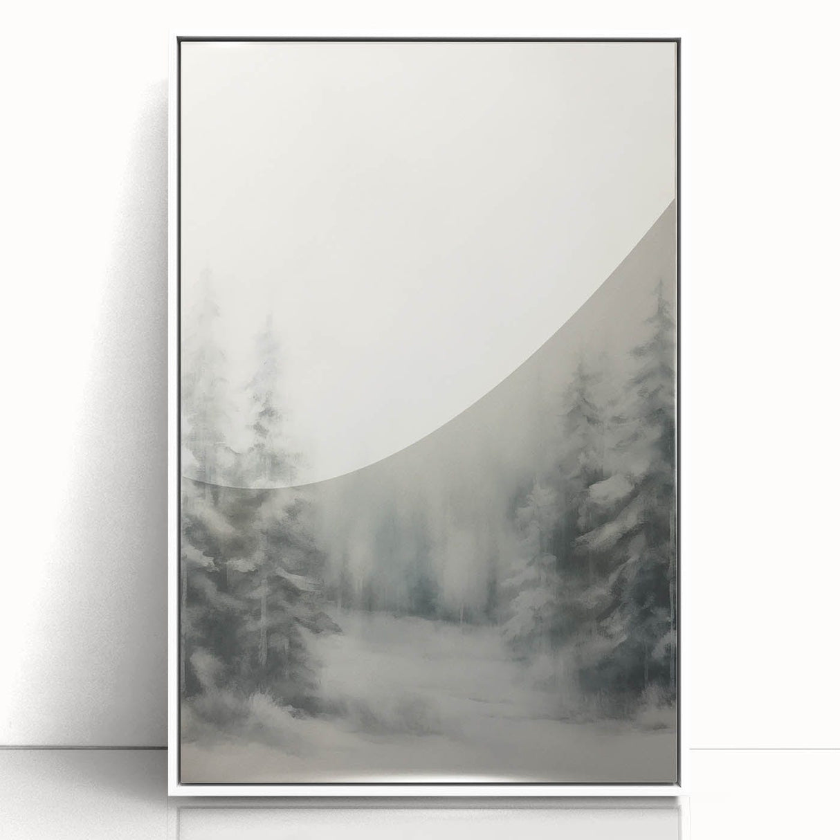 Art deco poster of a winter scene in muted white and gray tones, framed acrylic print, suitable for modern nursery decor.