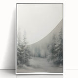 Art deco poster of a winter scene in muted white and gray tones, framed acrylic print, suitable for modern nursery decor.
