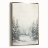 Winter landscape painting on framed canvas, featuring a snowy scene with muted gray and black tones.
