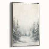 Winter landscape art painting on framed canvas, featuring muted white and gray tones, ideal for living room decor.