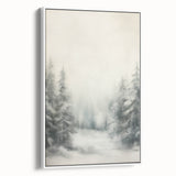 Vintage poster art of a winter scene in muted blue and white tones on a framed canvas, ideal for living room decor.