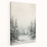 Winter scene with snow-covered trees on large stretched canvas, using a palette of white and blue.