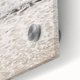 Large abstract wall art in vibrant orange and blue tones on acrylic glass.