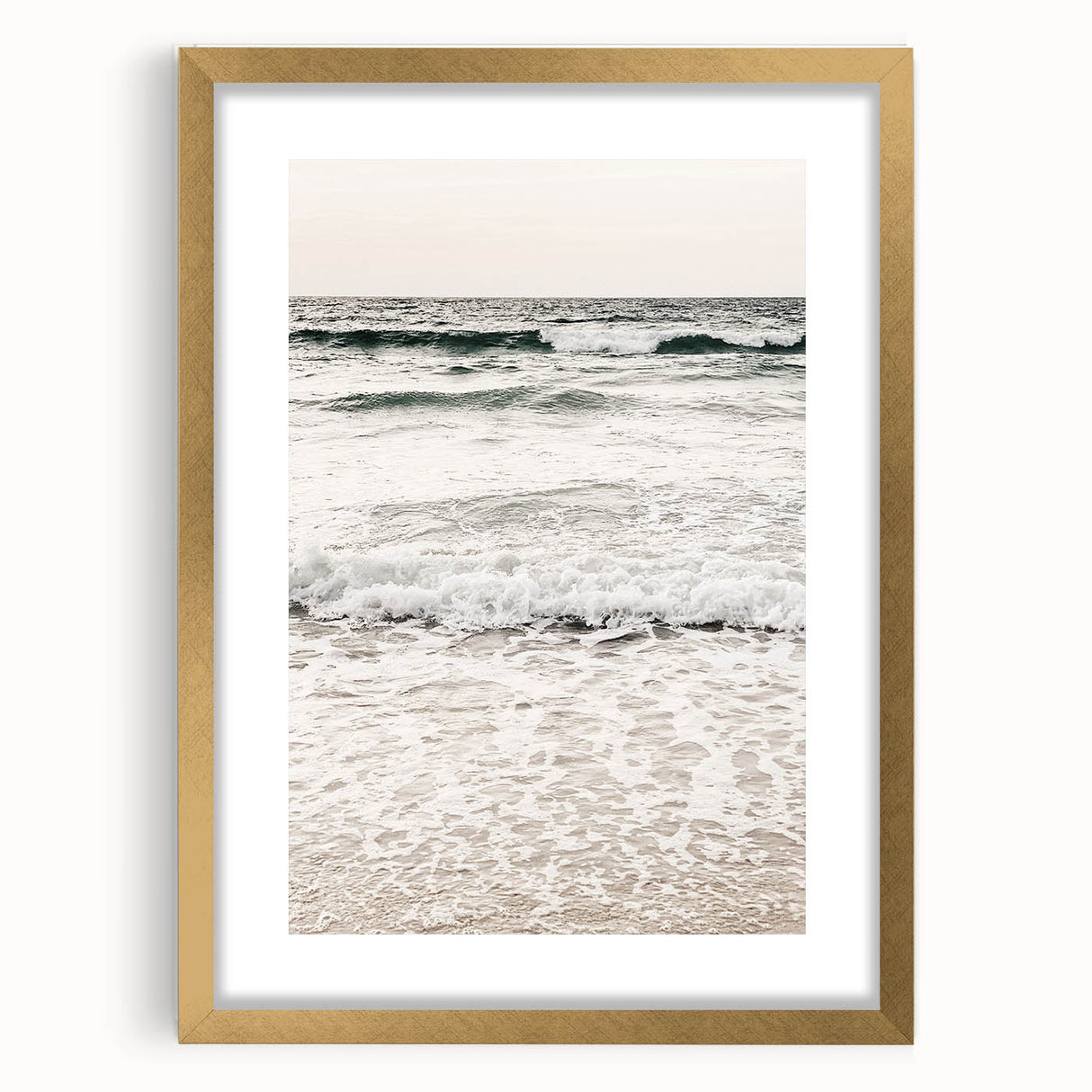 Extra large abstract art print with textured swirls in gold and white, framed in gold, suitable for living room decor.
