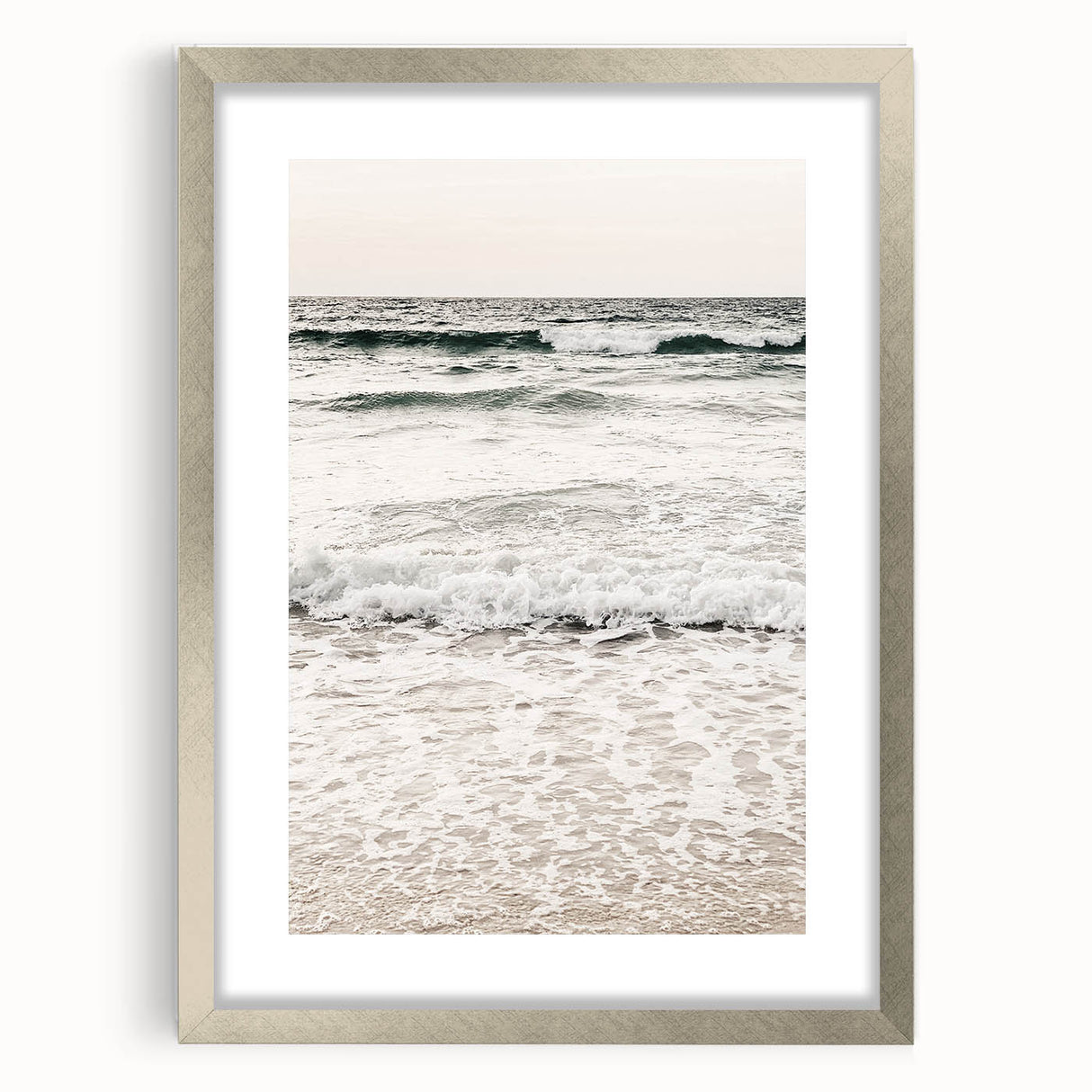 Textured abstract art print in muted earth tones, framed in silver, ideal for modern bedroom ambiance.