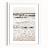 Abstract art print featuring swirling blue and white patterns on a framed canvas.