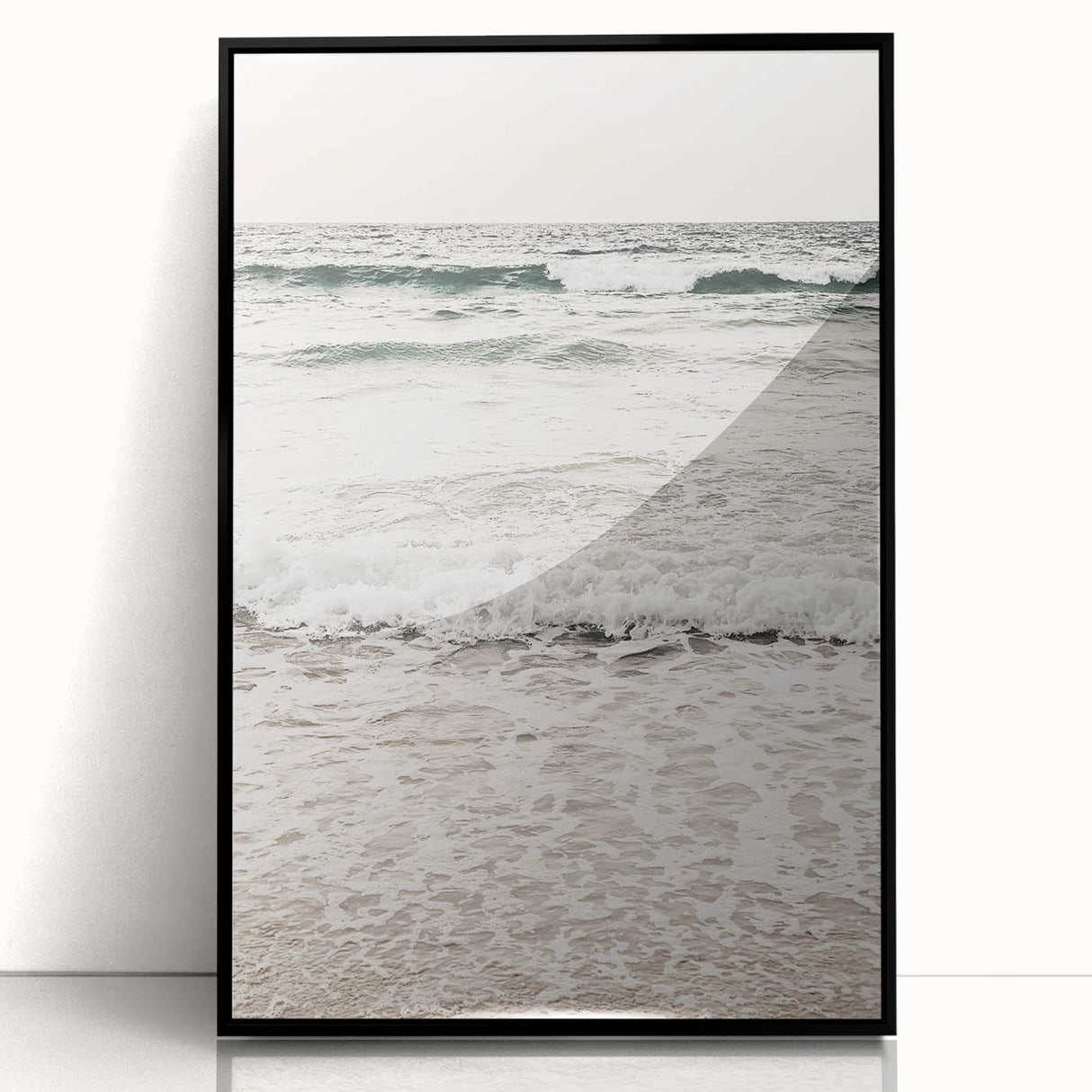 Large abstract wall art featuring swirling blue and gold patterns on a framed acrylic, suitable for modern living room decor.