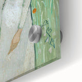 Large abstract wall art print on acrylic glass featuring swirling blue and yellow patterns, ideal for dining room ambiance.