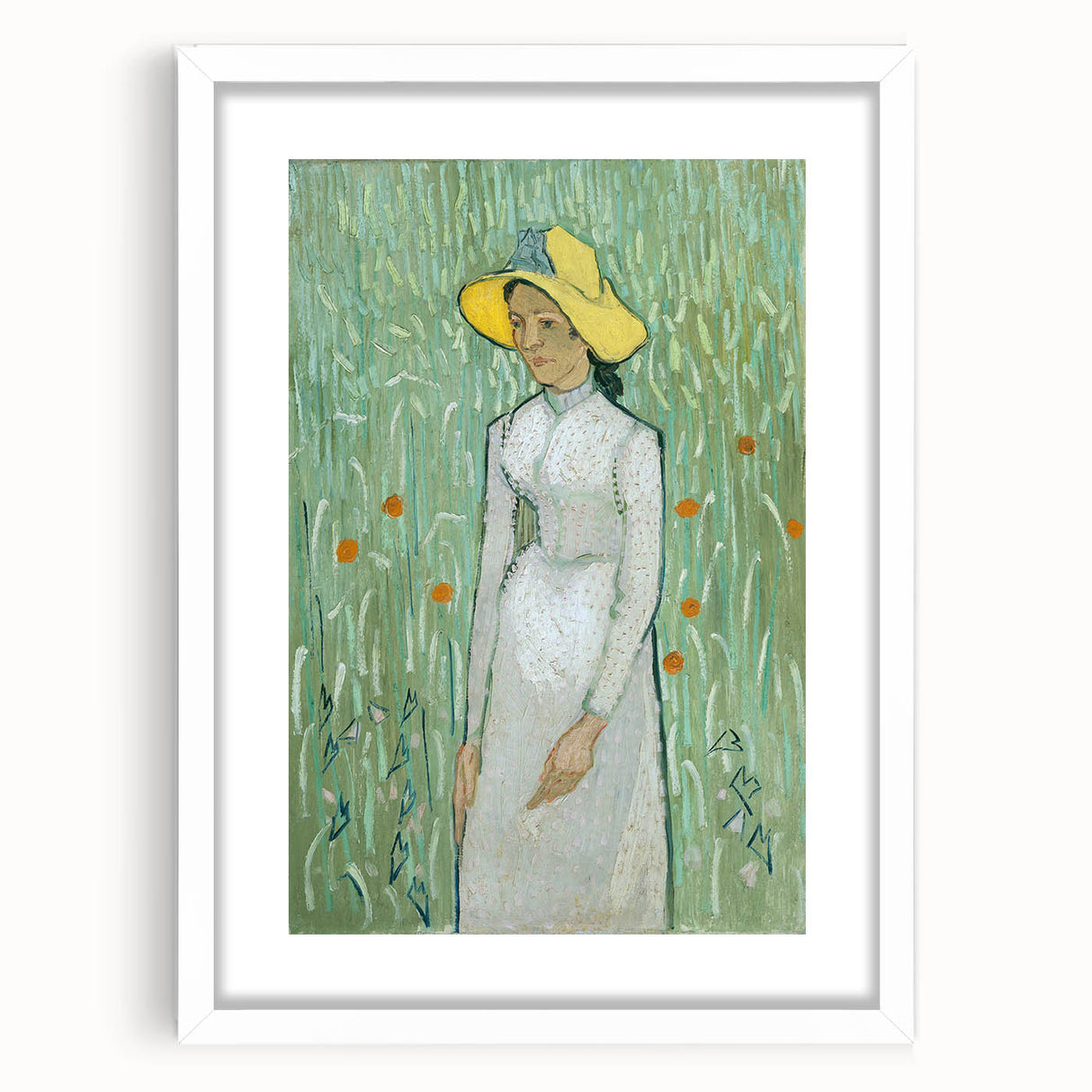 Textured abstract art print in blue and yellow, framed in white, ideal for bedroom ambiance.