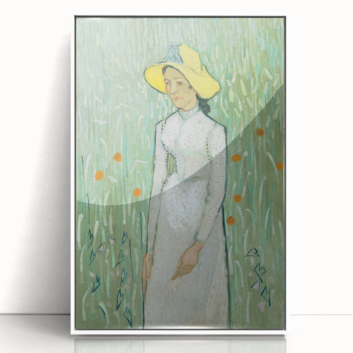 Mid-century modernist art depicting a starry night in vibrant blue and yellow hues, acrylic print in white frame.