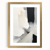 Abstract minimalist wall art in a gold frame with a white mat, showcasing geometric patterns and soft colors, perfect for modern home decor.