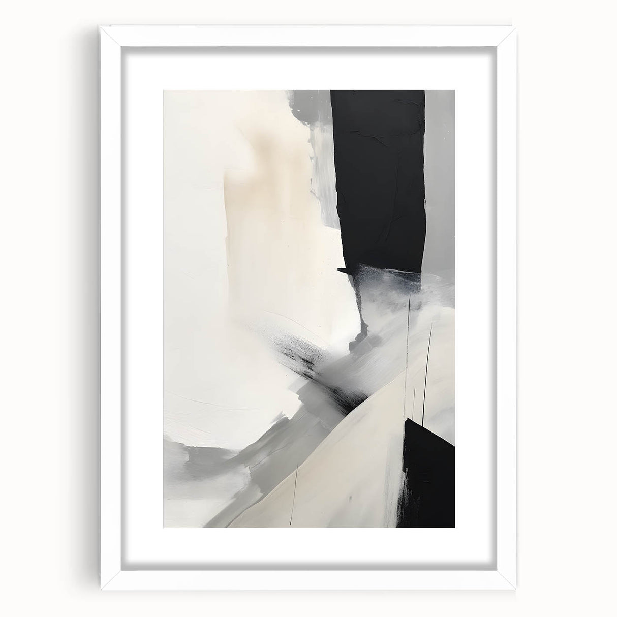 Abstract minimalist wall art framed in white with a mat, showcasing geometric shapes in soft tones, ideal for modern home decor. Perfect for enhancing interior aesthetics.