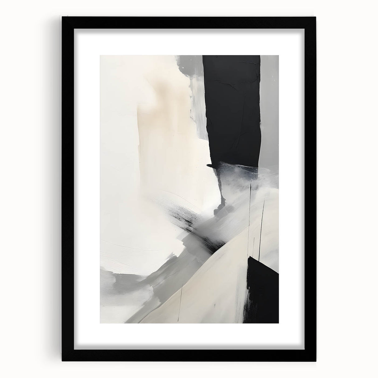 Abstract minimalist wall art framed with a white mat, showcasing soft pastel colors and geometric shapes, ideal for modern home decor.