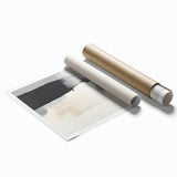 Abstract minimalist wall art rolled print featuring soft pastel colors and geometric shapes, elegantly packaged in a protective cardboard tube for easy display.