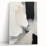 Abstract minimalist wall art on stretched canvas featuring soft earth tones, elegantly leaning against a neutral wall, perfect for modern home decor.