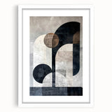 Abstract minimalist wall art framed in white, featuring geometric shapes in soft pastel colors, ideal for modern home decor. The mat adds depth and elegance.