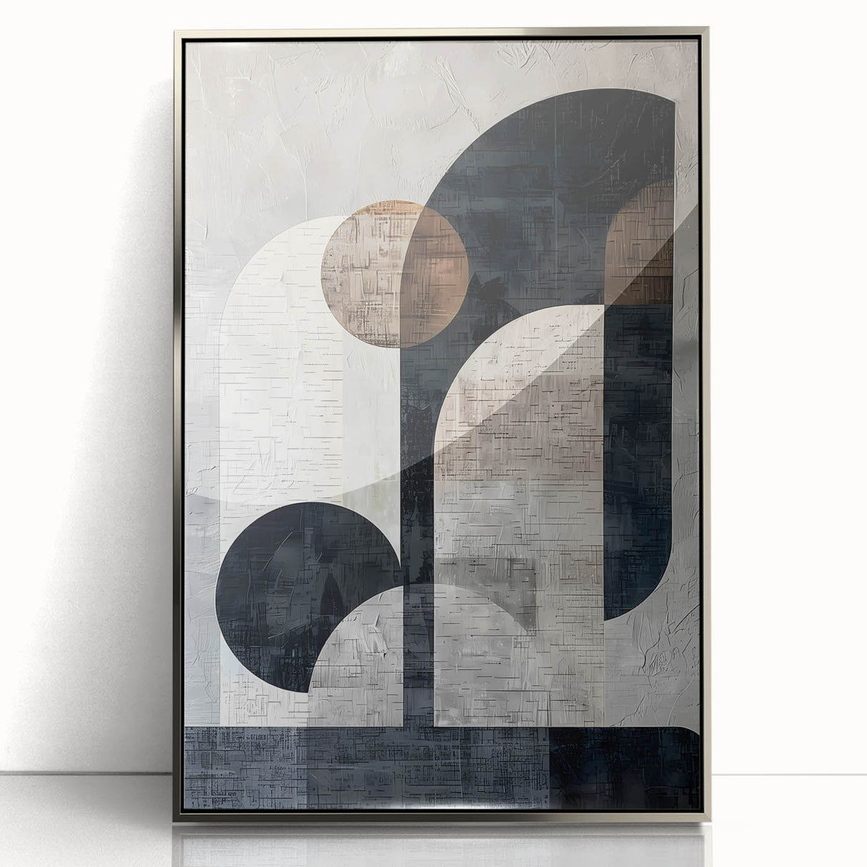 Framed abstract minimalist wall art in silver acrylic, showcasing geometric shapes and a modern design, suitable for contemporary home decor.