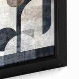 Abstract minimalist wall art in a sleek black frame, showcasing soft pastel colors and geometric shapes that add a modern touch to any decor. Perfect for enhancing interior spaces.