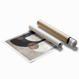 Abstract minimalist wall art rolled print showcasing soft earth tones and geometric shapes, ideal for modern home decor, presented in a protective cardboard tube.