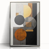 Framed abstract minimalist wall art in acrylic with a silver frame, showcasing soft geometric shapes in muted tones, perfect for modern home decor.