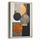 Framed abstract minimalist wall art featuring gold accents, displayed in a sleek frame, perfect for modern home decor. This design adds elegance to any room.