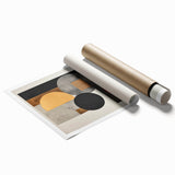 Abstract minimalist wall art print showcasing soft pastel colors and geometric shapes, rolled and securely packaged in a protective cardboard tube for shipping. Ideal for modern home decor.