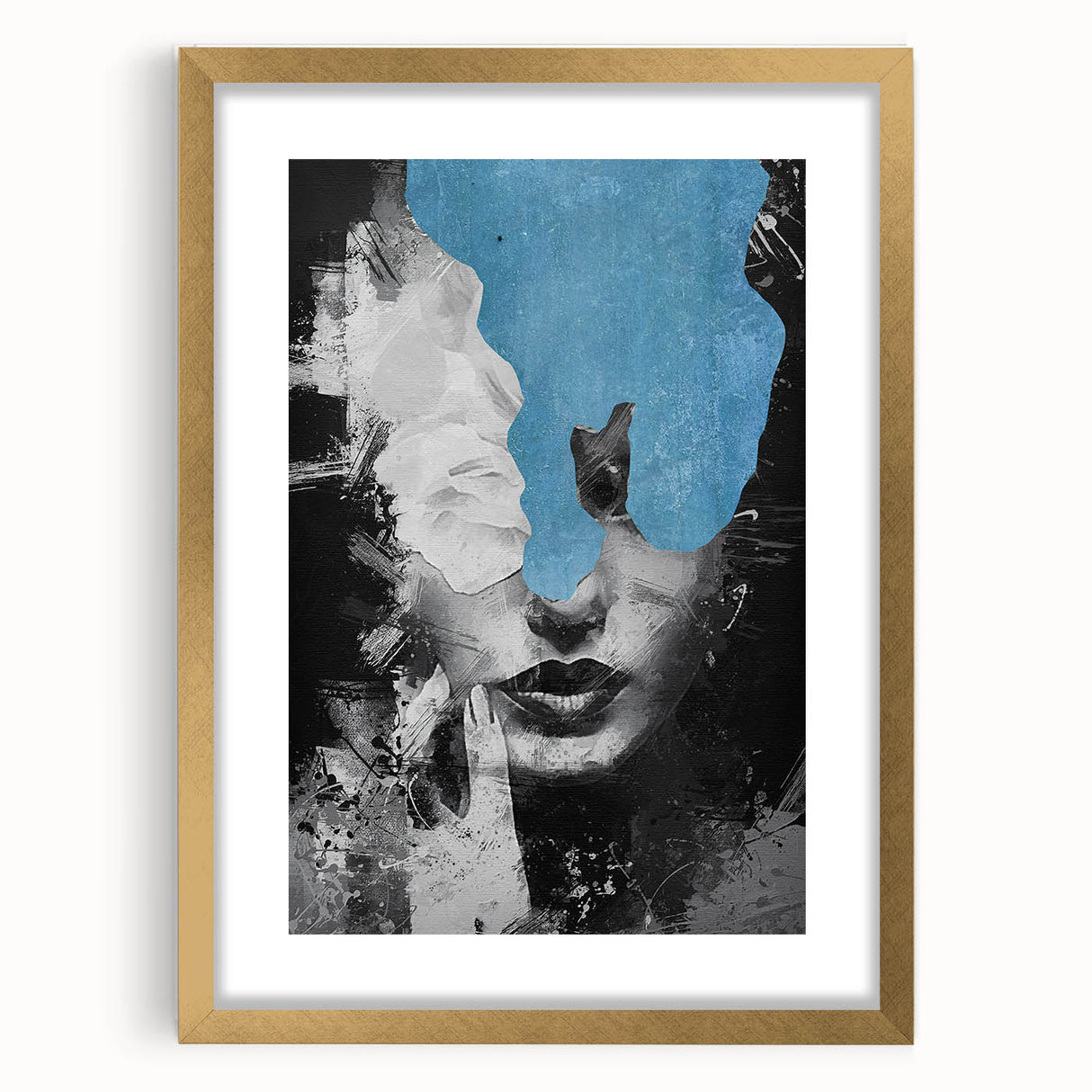 Modern Abstract Wall Art – Black and White Portrait with Blue