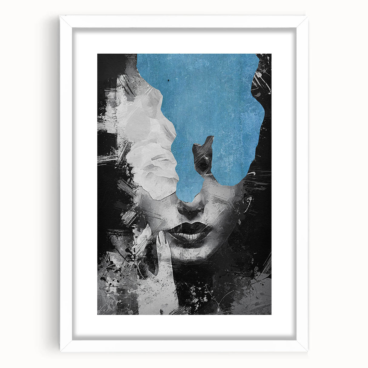 Modern Abstract Wall Art – Black and White Portrait with Blue
