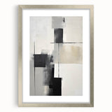Abstract minimalist wall art framed in silver with a white mat, showcasing geometric shapes and soft colors, perfect for modern home decor.