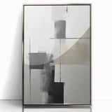 Framed abstract minimalist wall art with a silver acrylic finish, showcasing a geometric design that enhances modern decor. Perfect for stylish living spaces.