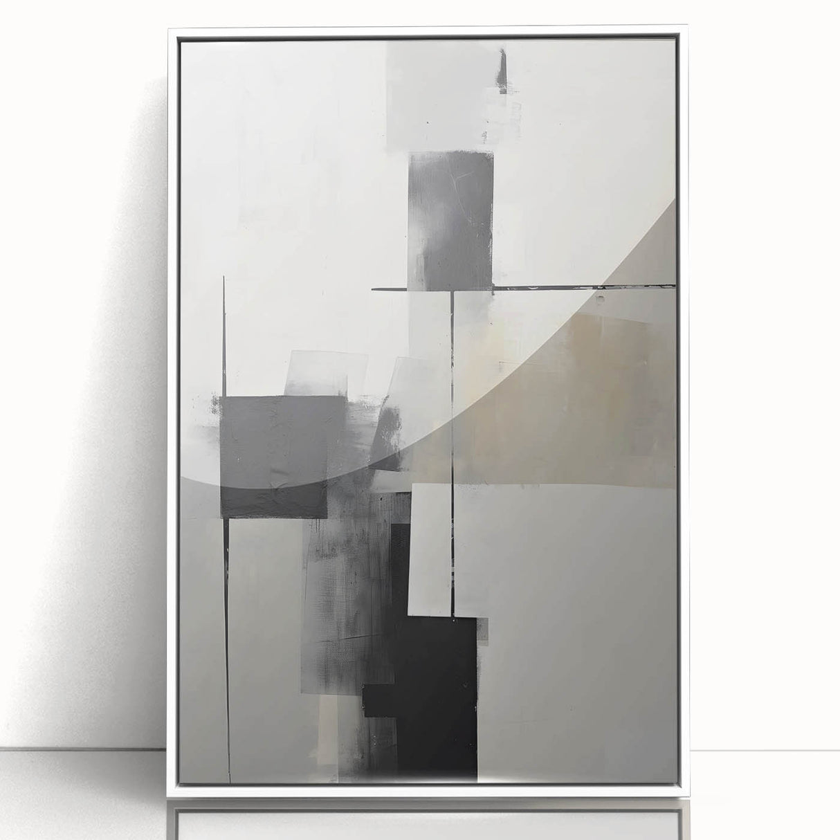 Framed abstract minimalist wall art featuring a sleek white design with subtle textures, perfect for modern home decor and enhancing living spaces.