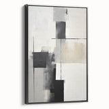 Framed abstract minimalist wall art showcasing a black design, viewed from the side. Ideal for modern home decor, this piece adds elegance and sophistication to any room.