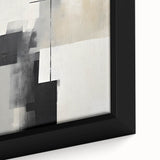 Close-up of a framed abstract minimalist wall art piece showcasing soft pastel colors, geometric shapes, and a textured finish, perfect for modern decor.