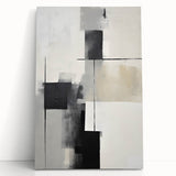 Abstract minimalist wall art on stretched canvas, showcasing a blend of soft pastel colors and geometric shapes, leaning against a neutral-toned wall, perfect for modern decor.