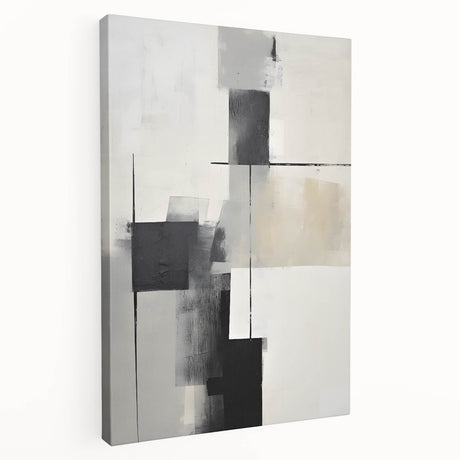 Abstract minimalist wall art on stretched canvas showcasing soft pastel colors with geometric shapes, ideal for modern home decor, viewed from the side.