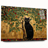 Elegant Black Cat Wall Art – Gold & Green Modern Canvas Print