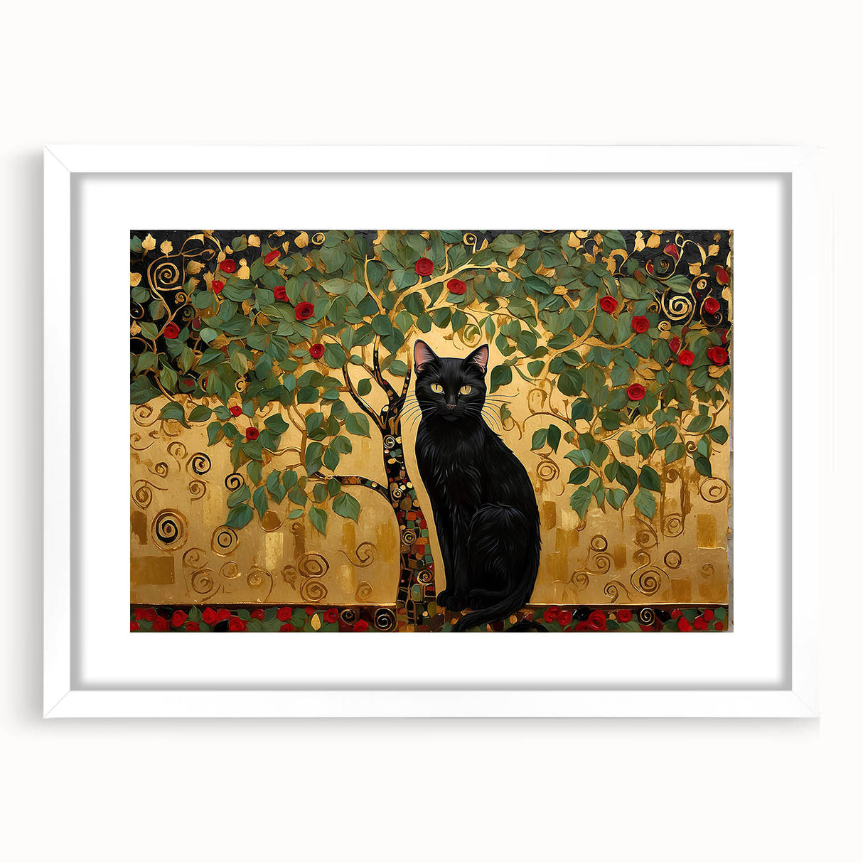 Elegant Black Cat Wall Art – Gold & Green Modern Canvas Print