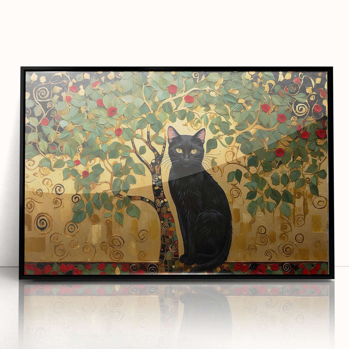 Elegant Black Cat Wall Art – Gold & Green Modern Canvas Print