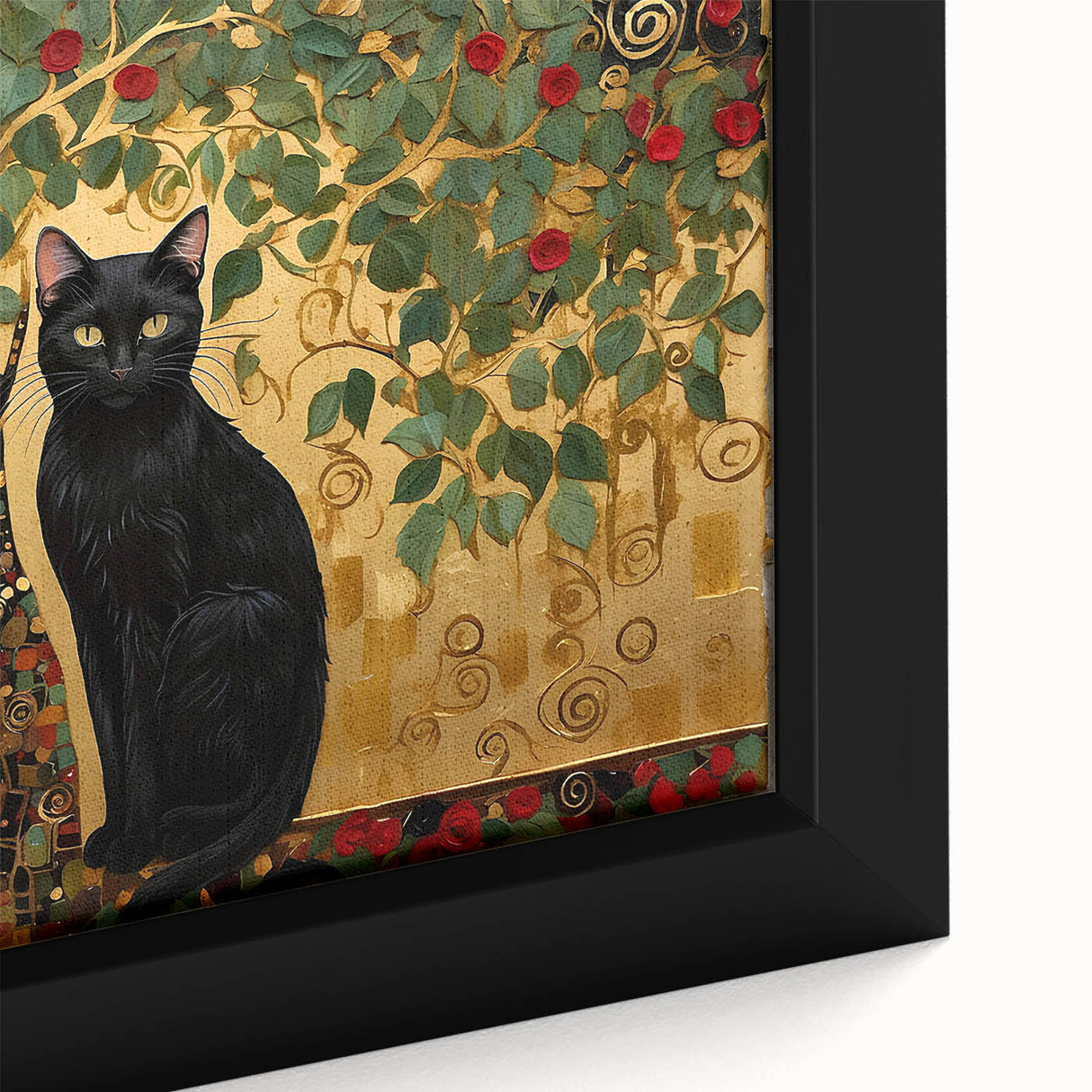 Elegant Black Cat Wall Art – Gold & Green Modern Canvas Print