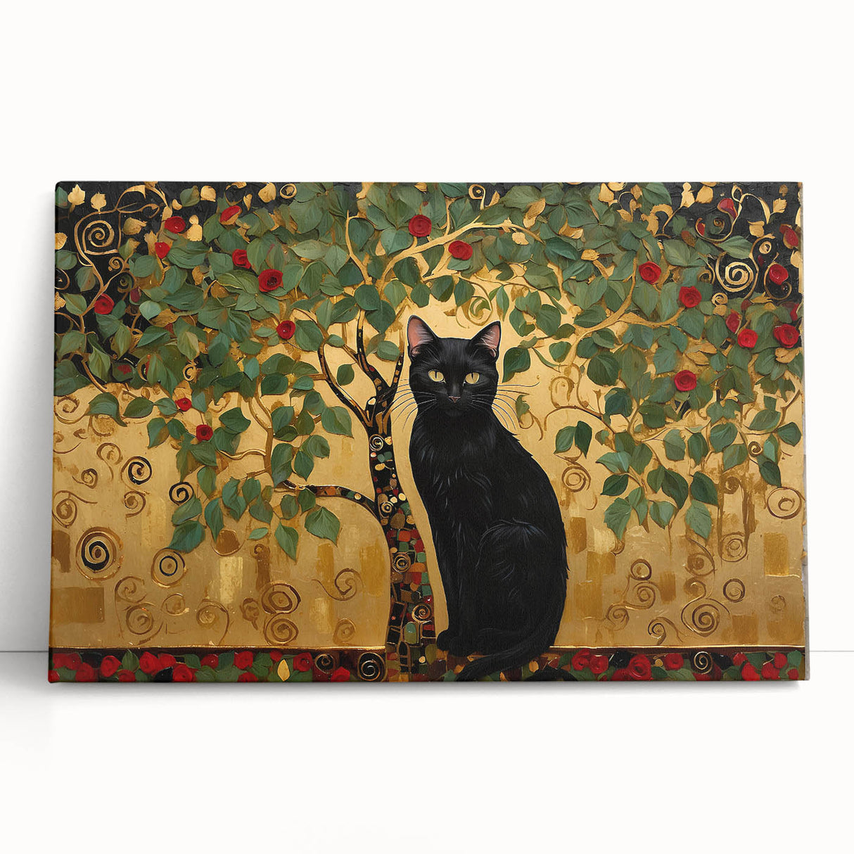 Elegant Black Cat Wall Art – Gold & Green Modern Canvas Print