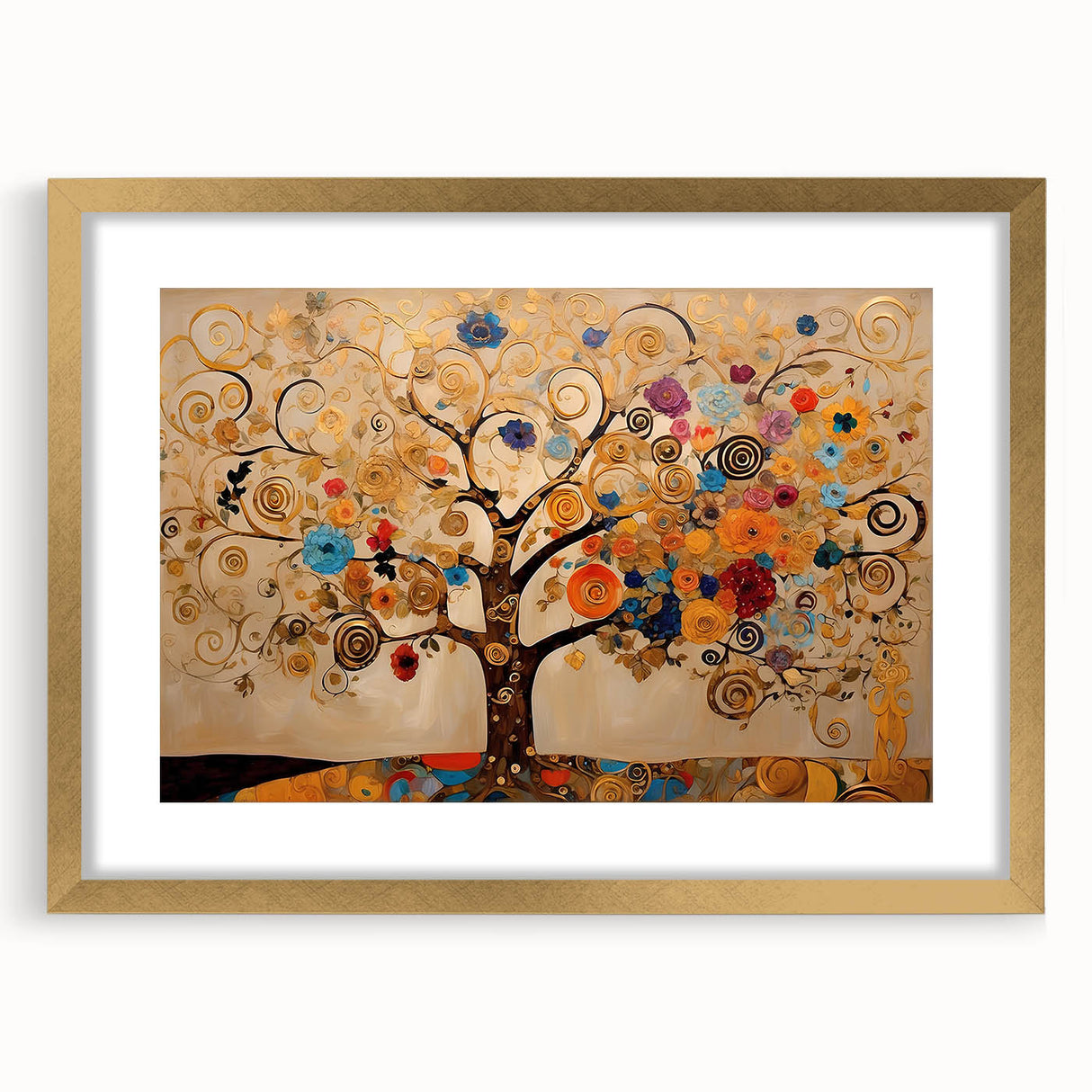 Golden Tree of Life Wall Art – Abstract Floral Canvas for Living Room