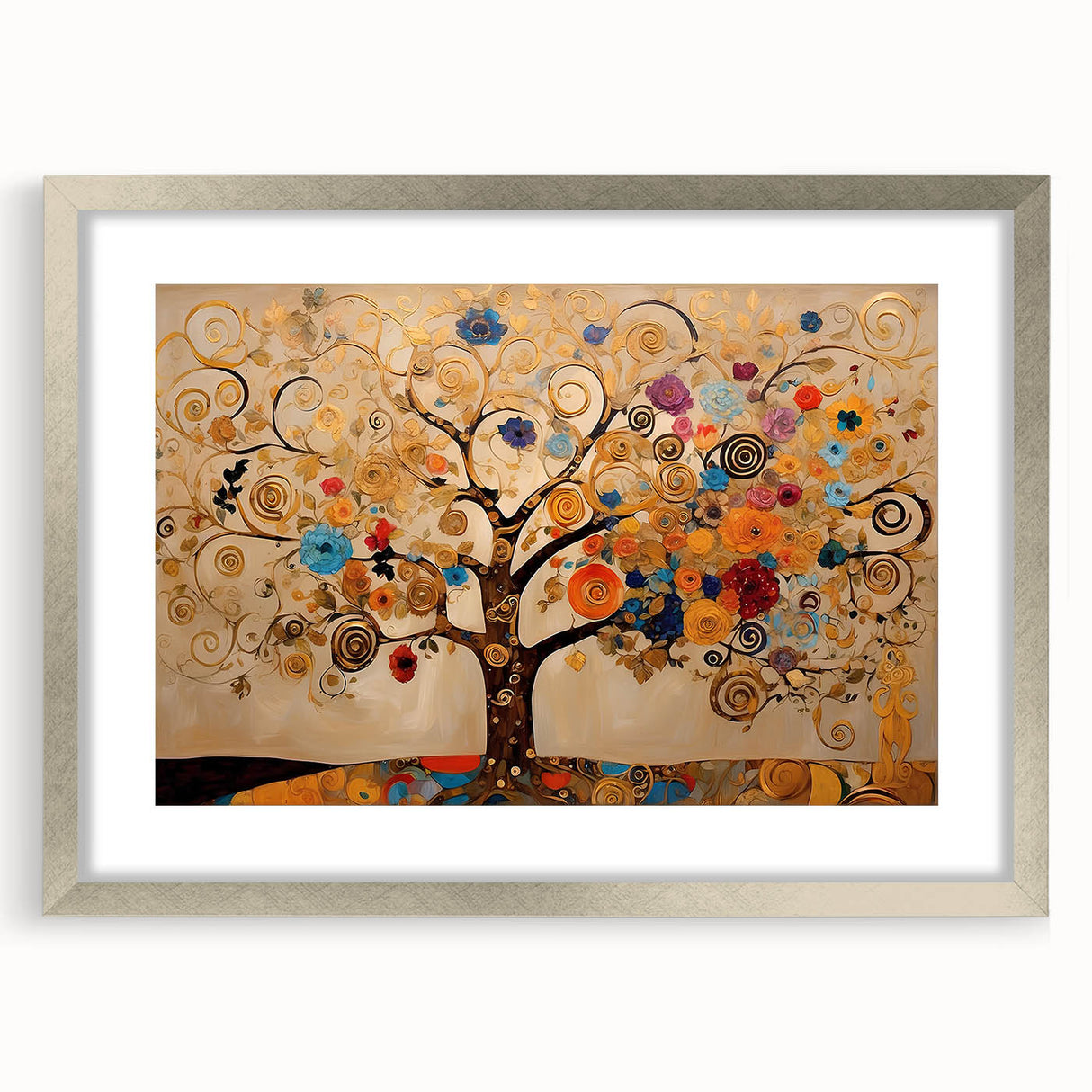 Golden Tree of Life Wall Art – Abstract Floral Canvas for Living Room