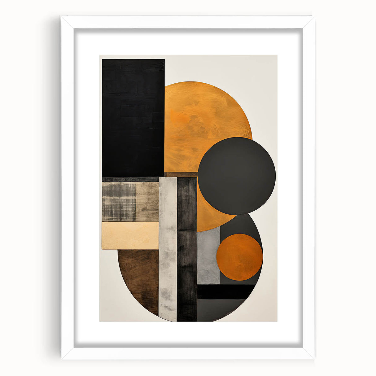 Abstract minimalist wall art featuring a geometric design in soft earth tones, framed with a white mat, ideal for enhancing modern home decor aesthetics.
